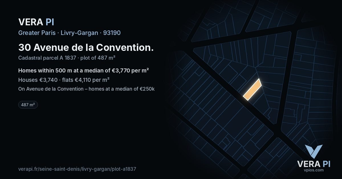 30 Avenue de la Convention, Livry-Gargan at night – the plot lit, the parcels around coloured by the prices near them