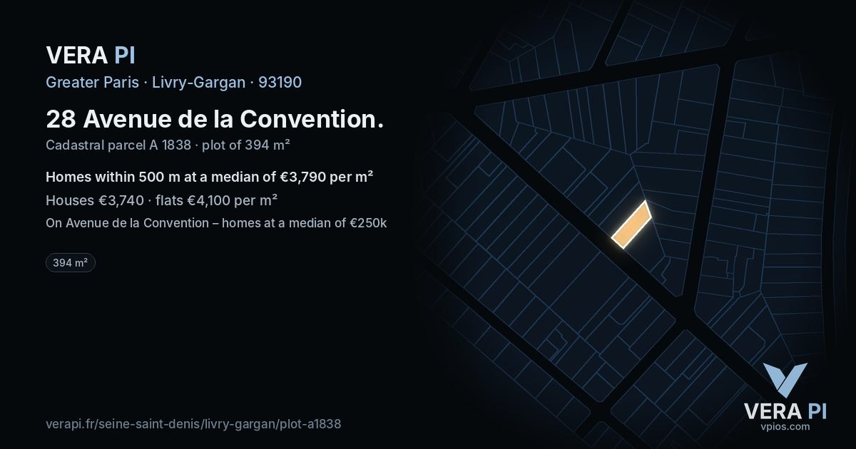 28 Avenue de la Convention, Livry-Gargan at night – the plot lit, the parcels around coloured by the prices near them