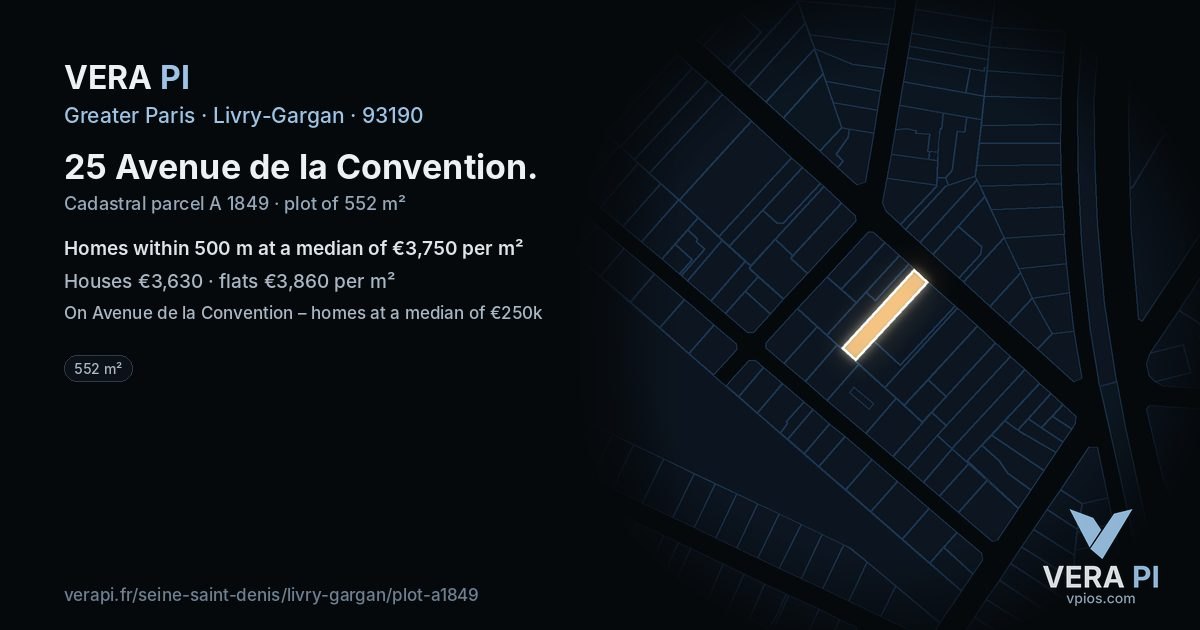 25 Avenue de la Convention, Livry-Gargan at night – the plot lit, the parcels around coloured by the prices near them