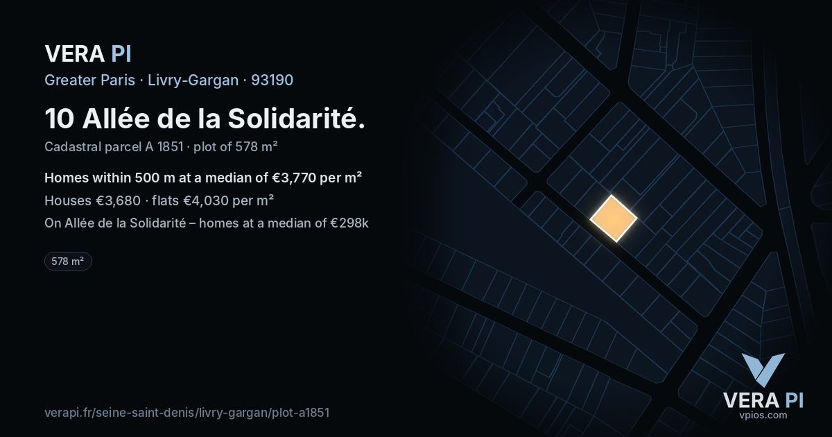 10 Allée de la Solidarité, Livry-Gargan at night – the plot lit, the parcels around coloured by the prices near them