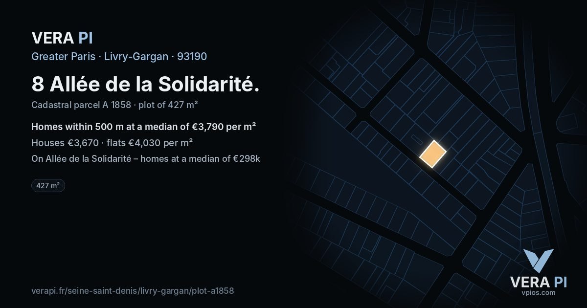 8 Allée de la Solidarité, Livry-Gargan at night – the plot lit, the parcels around coloured by the prices near them