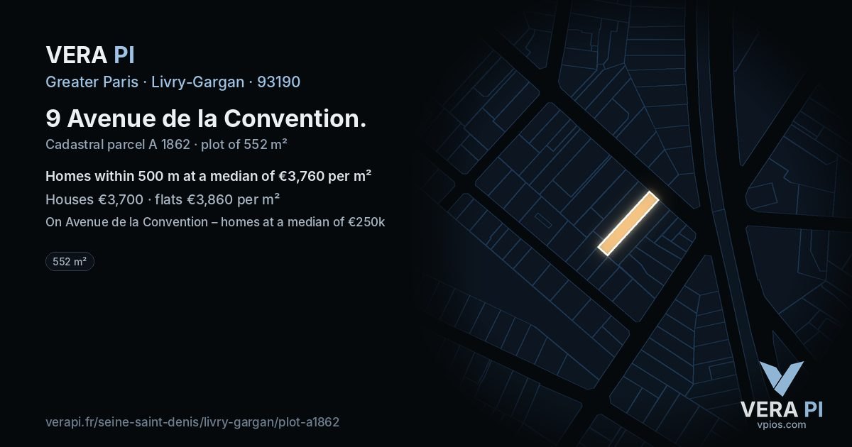 9 Avenue de la Convention, Livry-Gargan at night – the plot lit, the parcels around coloured by the prices near them