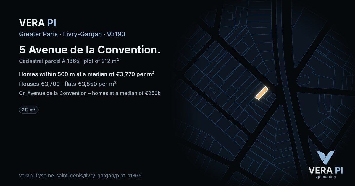 5 Avenue de la Convention, Livry-Gargan at night – the plot lit, the parcels around coloured by the prices near them