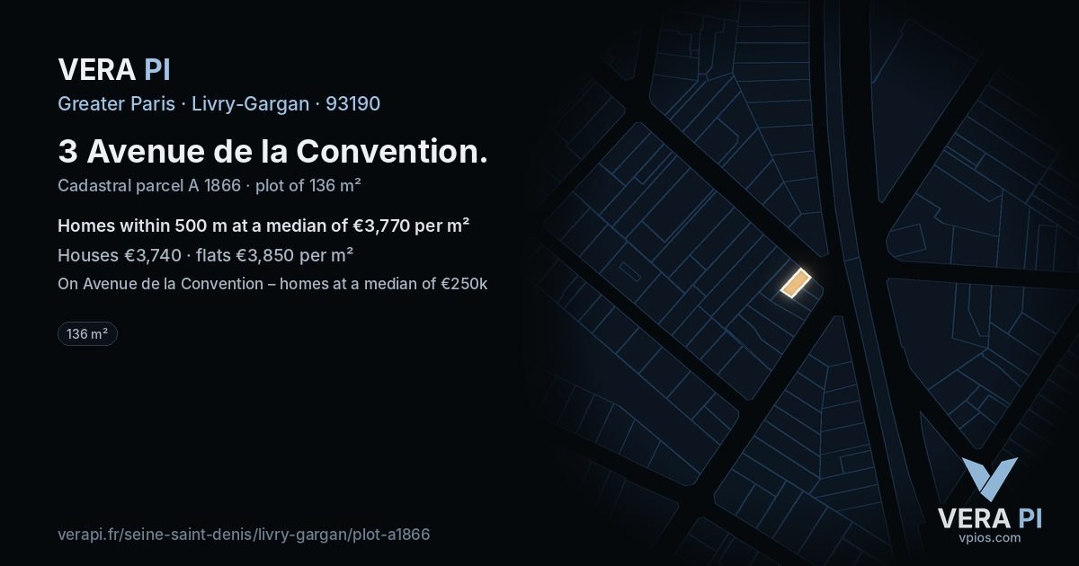 3 Avenue de la Convention, Livry-Gargan at night – the plot lit, the parcels around coloured by the prices near them