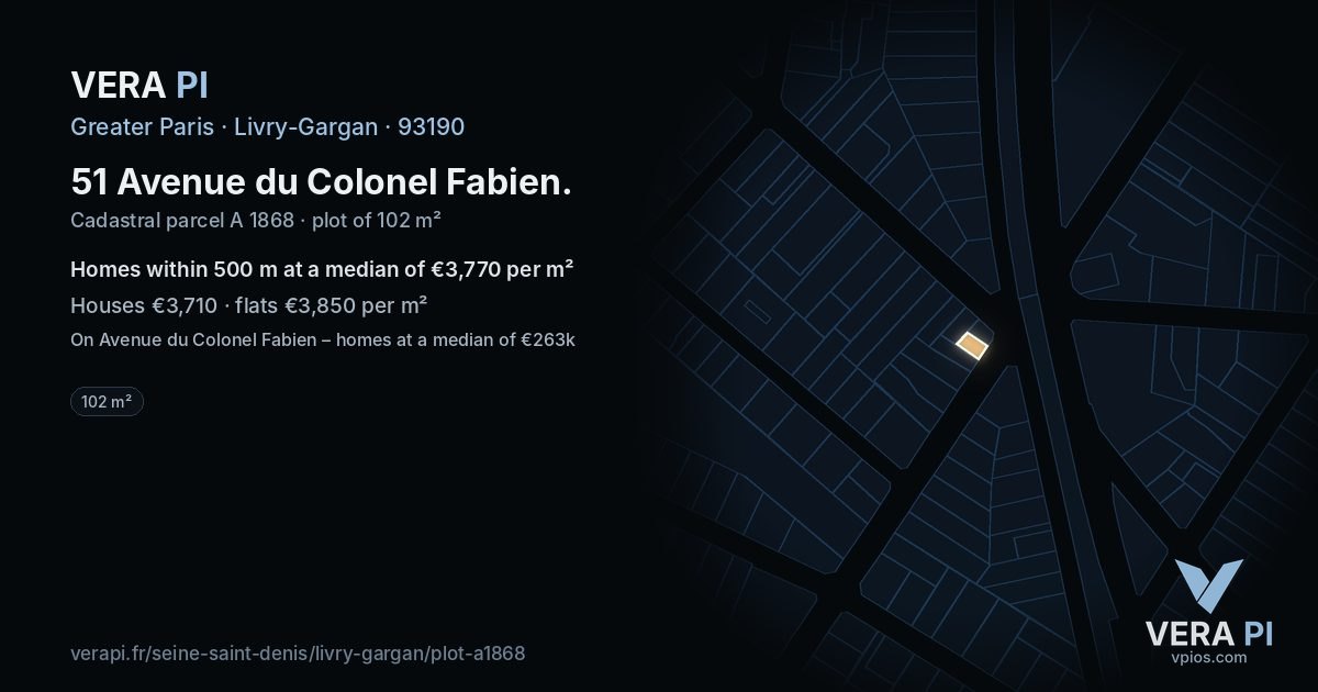 51 Avenue du Colonel Fabien, Livry-Gargan at night – the plot lit, the parcels around coloured by the prices near them