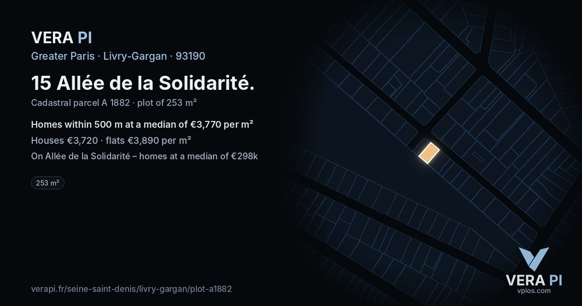 15 Allée de la Solidarité, Livry-Gargan at night – the plot lit, the parcels around coloured by the prices near them