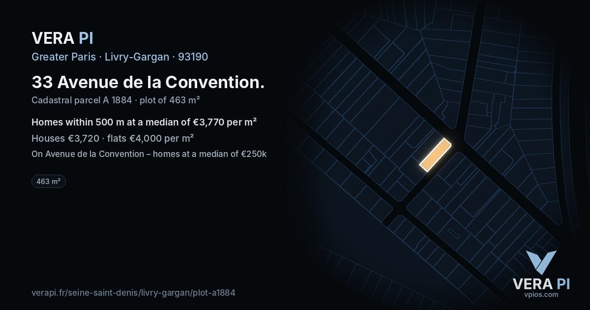 33 Avenue de la Convention, Livry-Gargan at night – the plot lit, the parcels around coloured by the prices near them