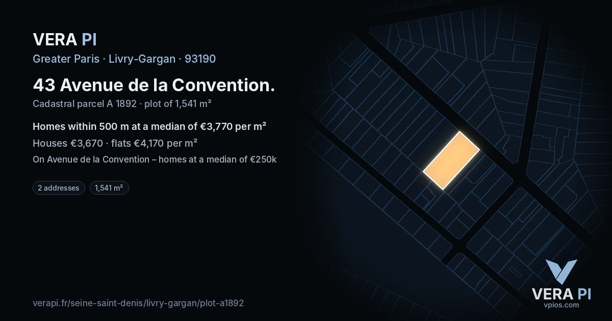 43 Avenue de la Convention, Livry-Gargan at night – the plot lit, the parcels around coloured by the prices near them