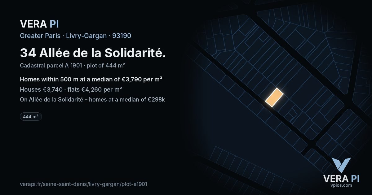 34 Allée de la Solidarité, Livry-Gargan at night – the plot lit, the parcels around coloured by the prices near them