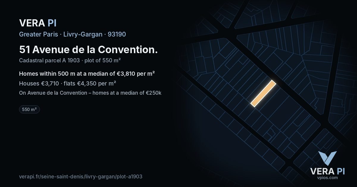 51 Avenue de la Convention, Livry-Gargan at night – the plot lit, the parcels around coloured by the prices near them