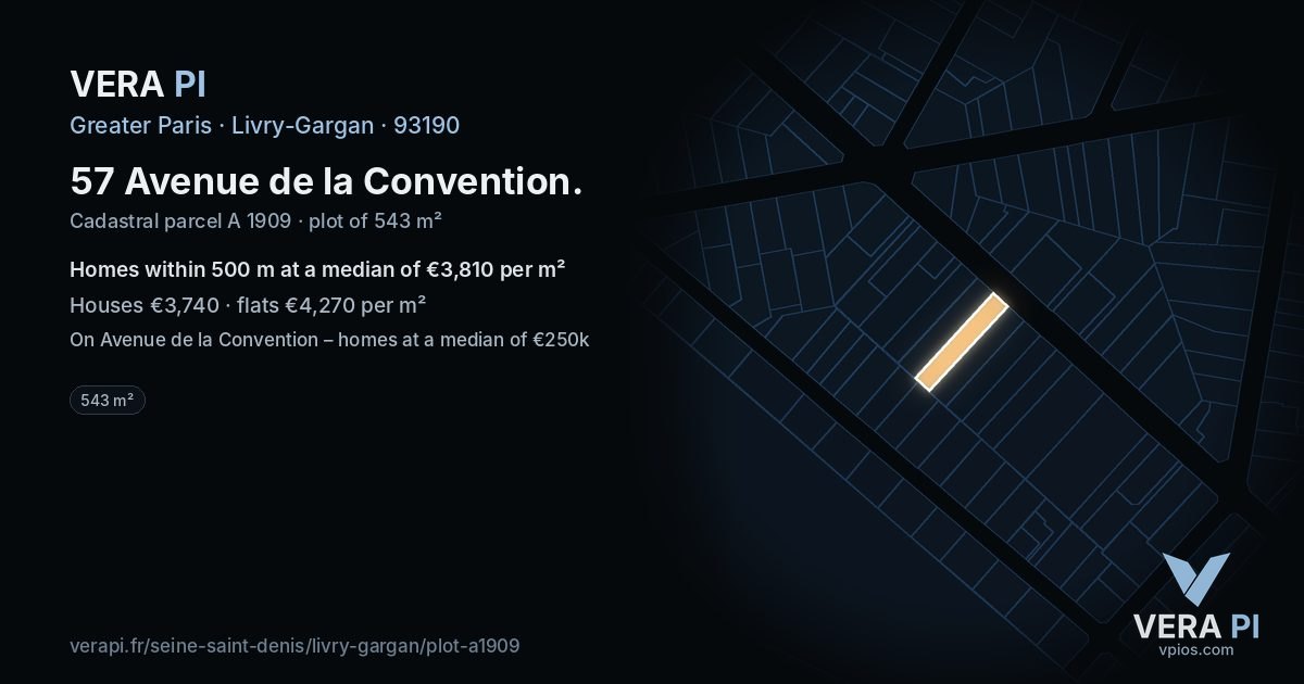 57 Avenue de la Convention, Livry-Gargan at night – the plot lit, the parcels around coloured by the prices near them