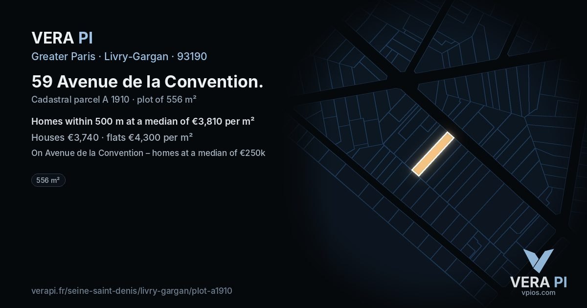 59 Avenue de la Convention, Livry-Gargan at night – the plot lit, the parcels around coloured by the prices near them