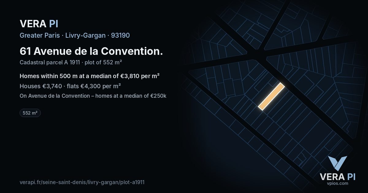 61 Avenue de la Convention, Livry-Gargan at night – the plot lit, the parcels around coloured by the prices near them