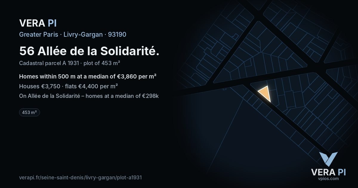 56 Allée de la Solidarité, Livry-Gargan at night – the plot lit, the parcels around coloured by the prices near them