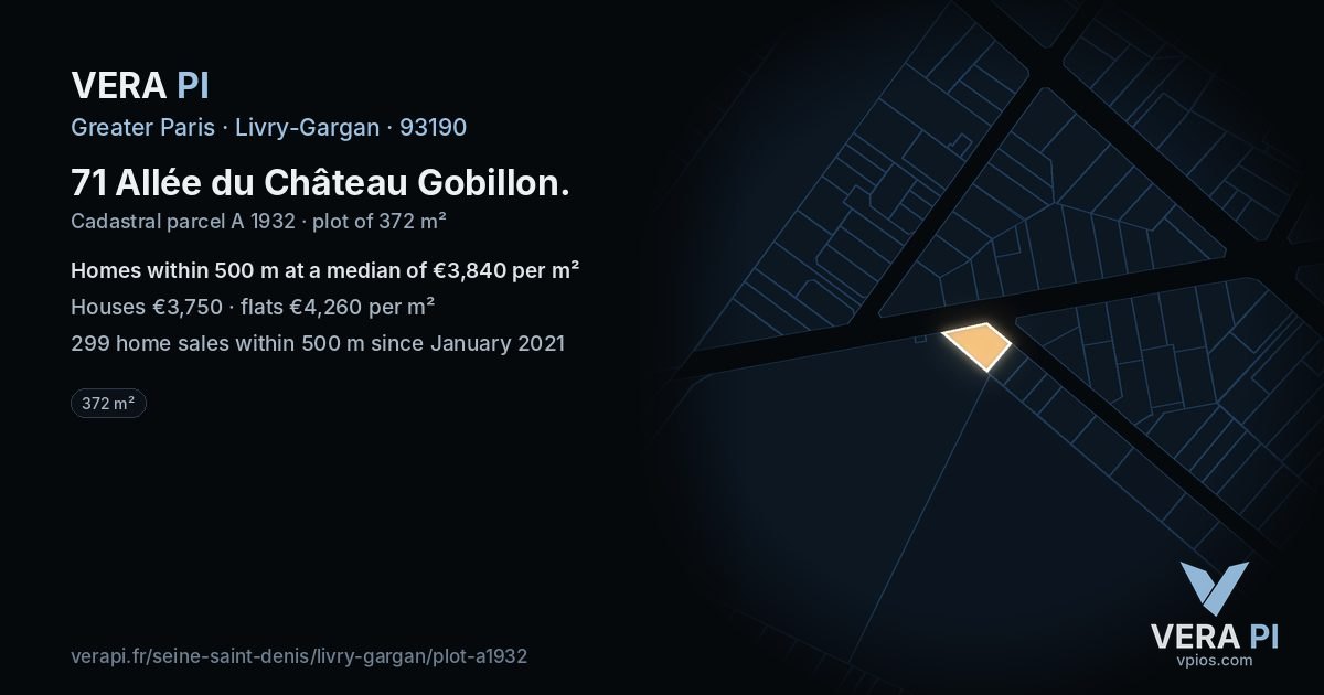 71 Allée du Château Gobillon, Livry-Gargan at night – the plot lit, the parcels around coloured by the prices near them