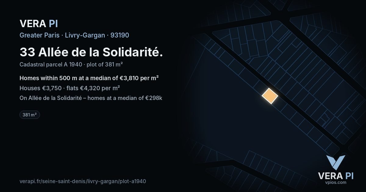 33 Allée de la Solidarité, Livry-Gargan at night – the plot lit, the parcels around coloured by the prices near them