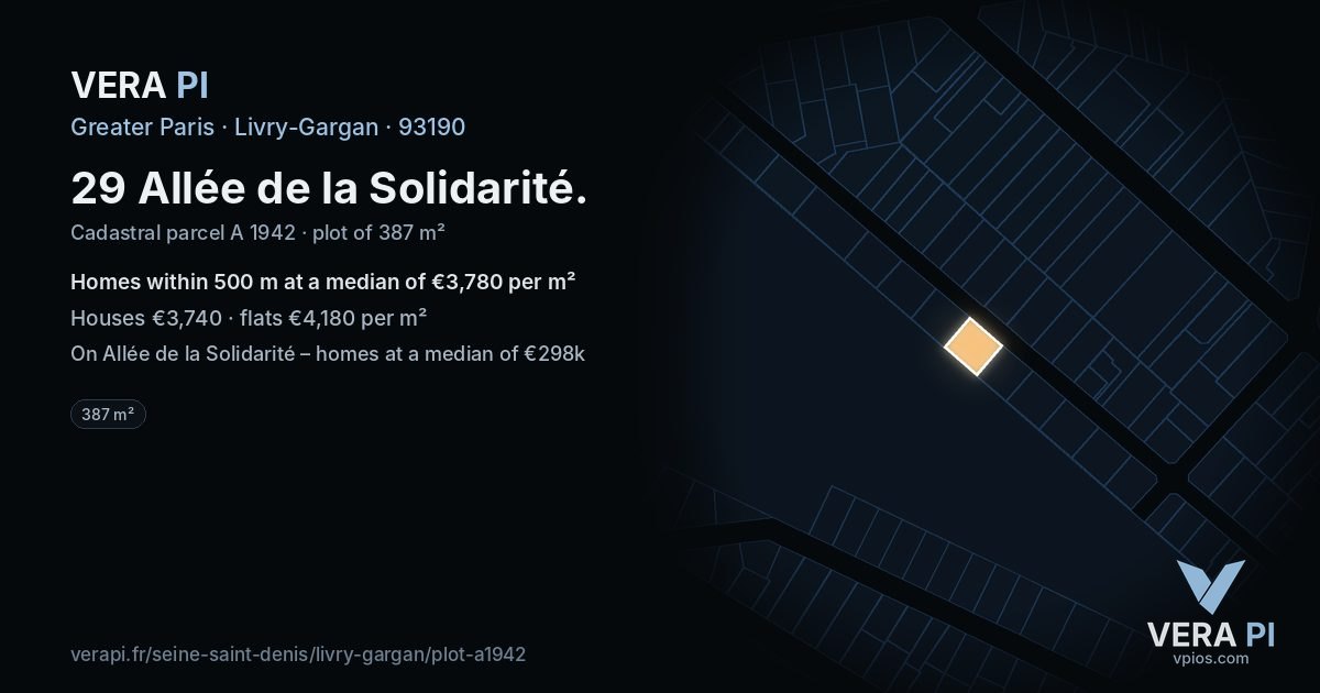 29 Allée de la Solidarité, Livry-Gargan at night – the plot lit, the parcels around coloured by the prices near them