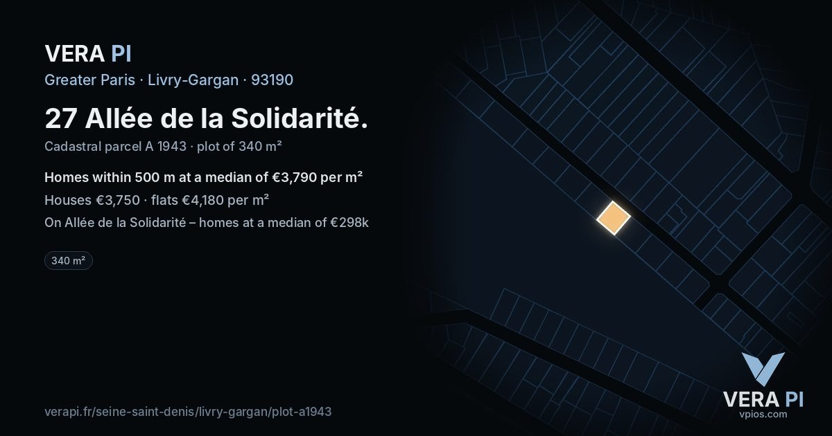 27 Allée de la Solidarité, Livry-Gargan at night – the plot lit, the parcels around coloured by the prices near them