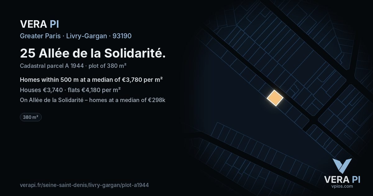 25 Allée de la Solidarité, Livry-Gargan at night – the plot lit, the parcels around coloured by the prices near them