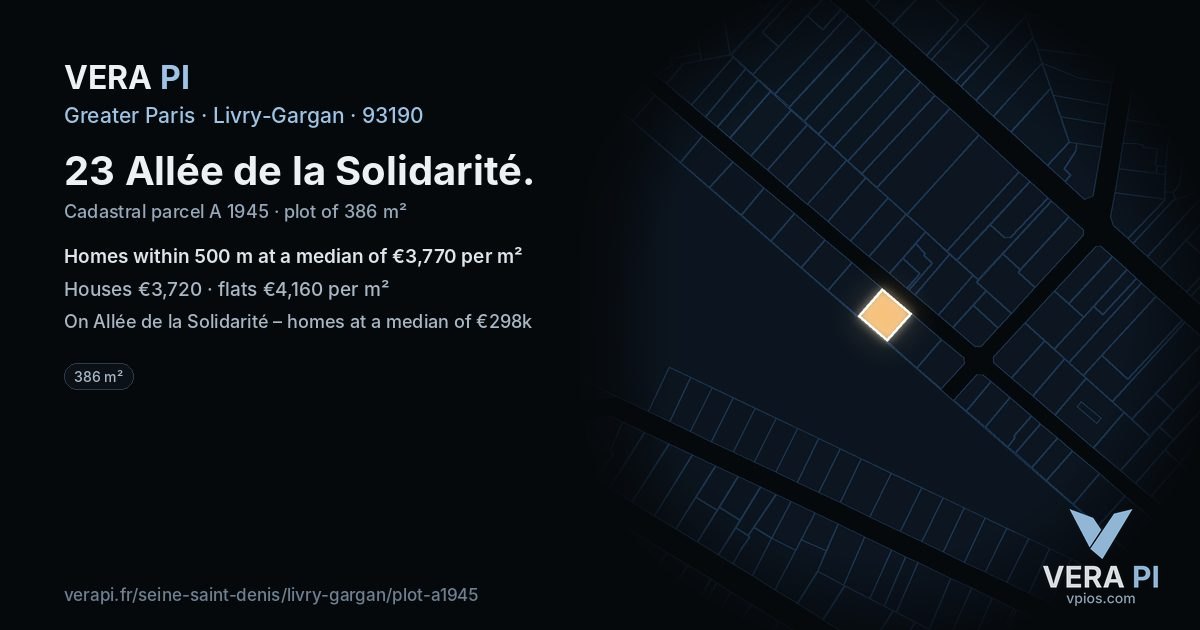 23 Allée de la Solidarité, Livry-Gargan at night – the plot lit, the parcels around coloured by the prices near them