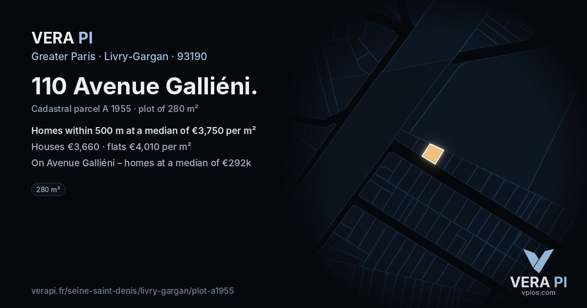 110 Avenue Galliéni, Livry-Gargan at night – the plot lit, the parcels around coloured by the prices near them