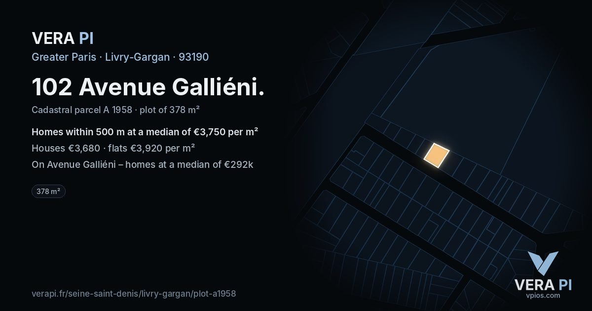 102 Avenue Galliéni, Livry-Gargan at night – the plot lit, the parcels around coloured by the prices near them
