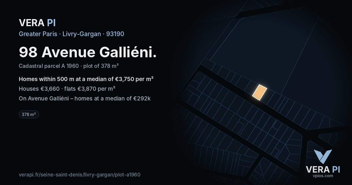 98 Avenue Galliéni, Livry-Gargan at night – the plot lit, the parcels around coloured by the prices near them