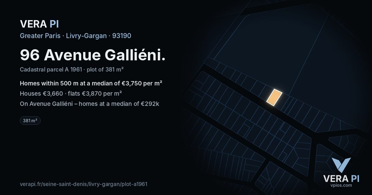 96 Avenue Galliéni, Livry-Gargan at night – the plot lit, the parcels around coloured by the prices near them