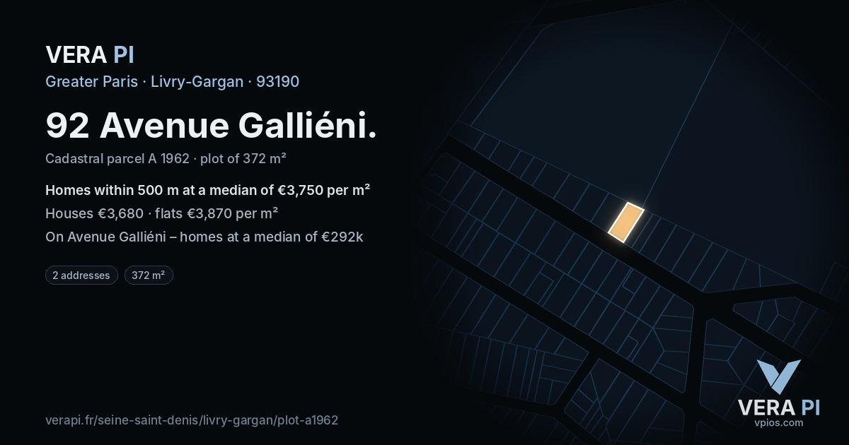 92 Avenue Galliéni, Livry-Gargan at night – the plot lit, the parcels around coloured by the prices near them