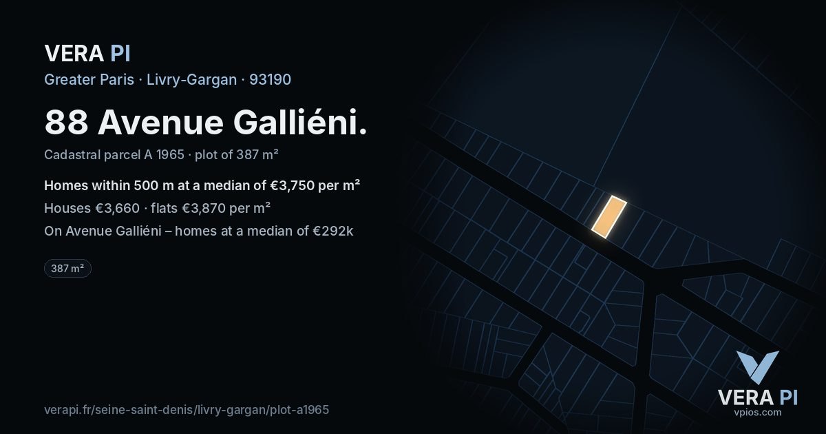 88 Avenue Galliéni, Livry-Gargan at night – the plot lit, the parcels around coloured by the prices near them