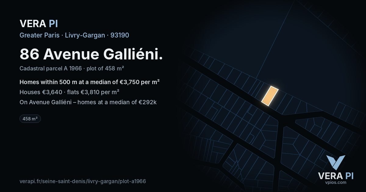 86 Avenue Galliéni, Livry-Gargan at night – the plot lit, the parcels around coloured by the prices near them