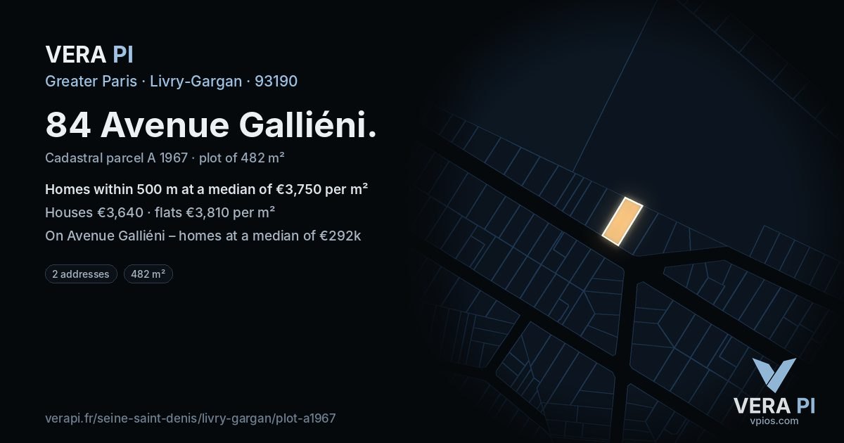 84 Avenue Galliéni, Livry-Gargan at night – the plot lit, the parcels around coloured by the prices near them