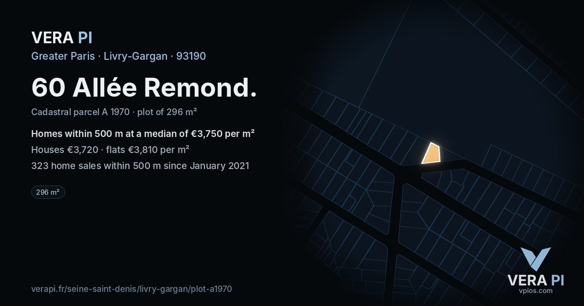 60 Allée Remond, Livry-Gargan at night – the plot lit, the parcels around coloured by the prices near them