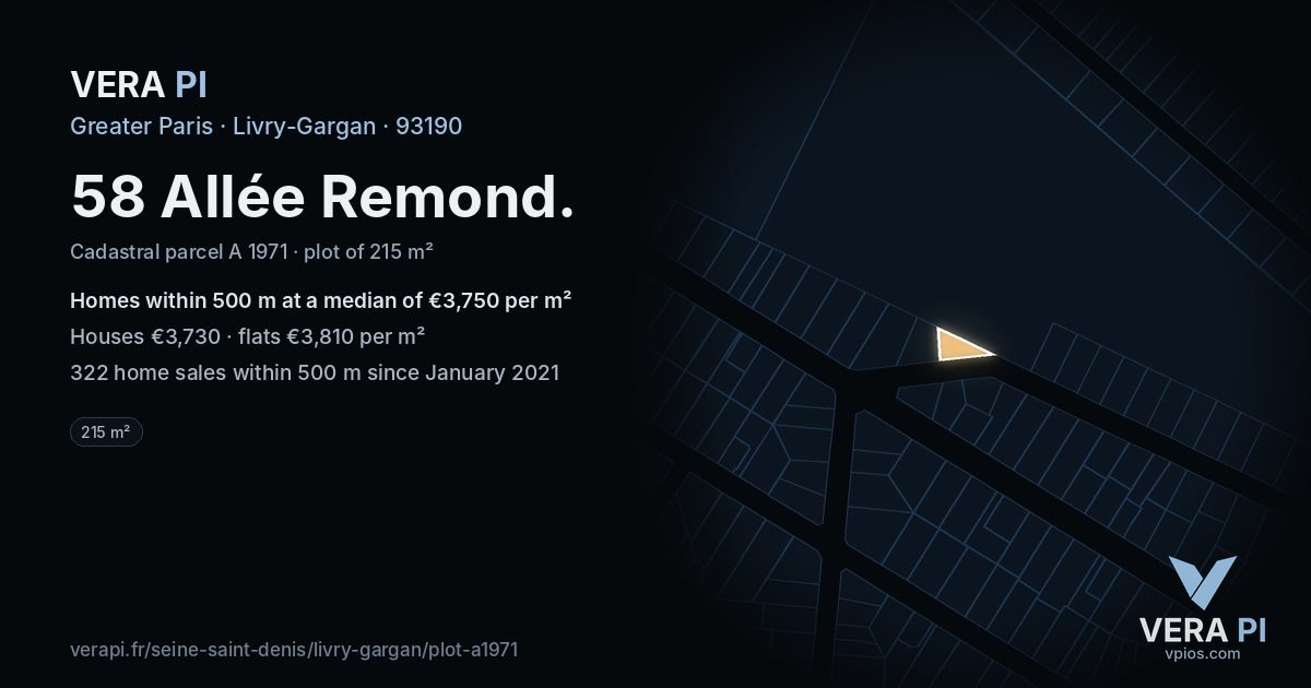 58 Allée Remond, Livry-Gargan at night – the plot lit, the parcels around coloured by the prices near them