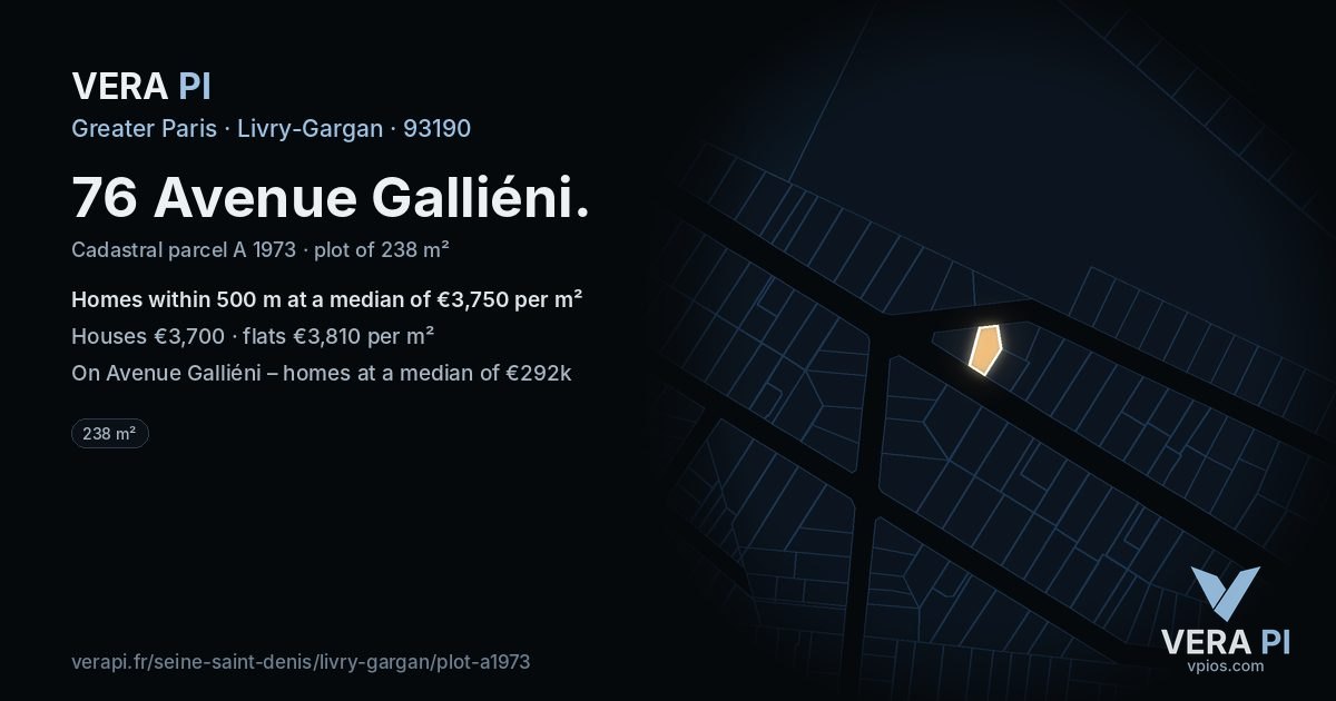 76 Avenue Galliéni, Livry-Gargan at night – the plot lit, the parcels around coloured by the prices near them