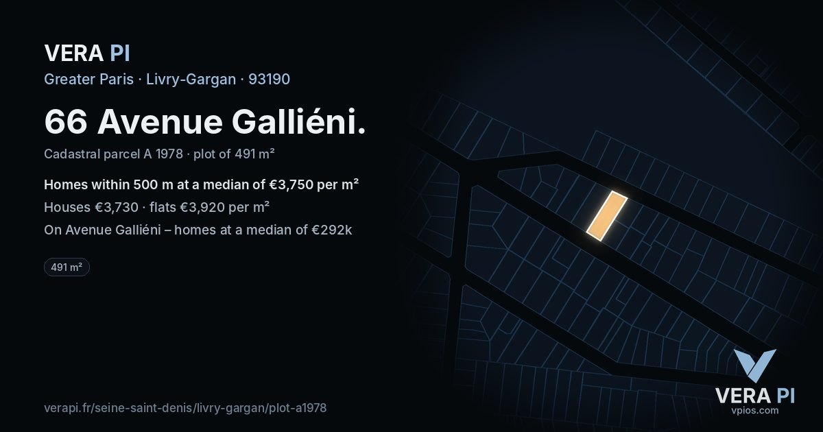 66 Avenue Galliéni, Livry-Gargan at night – the plot lit, the parcels around coloured by the prices near them