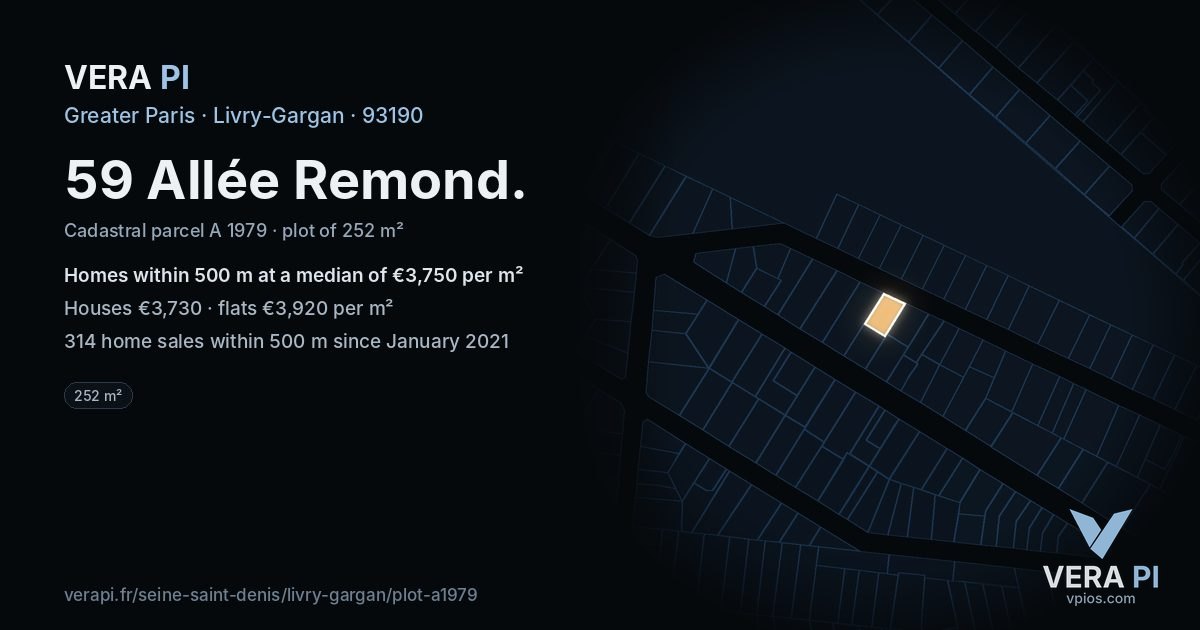 59 Allée Remond, Livry-Gargan at night – the plot lit, the parcels around coloured by the prices near them