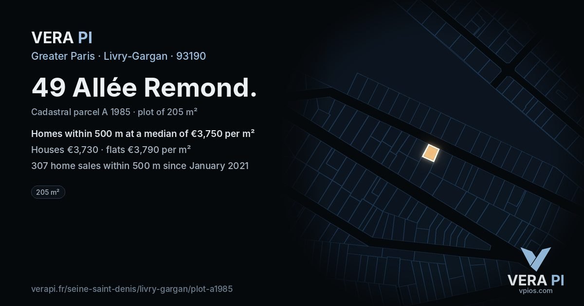 49 Allée Remond, Livry-Gargan at night – the plot lit, the parcels around coloured by the prices near them