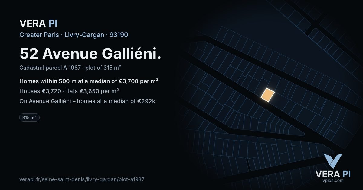 52 Avenue Galliéni, Livry-Gargan at night – the plot lit, the parcels around coloured by the prices near them