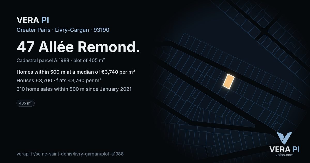 47 Allée Remond, Livry-Gargan at night – the plot lit, the parcels around coloured by the prices near them