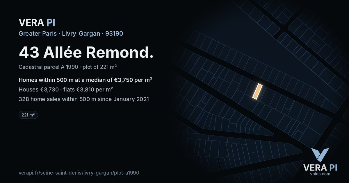 43 Allée Remond, Livry-Gargan at night – the plot lit, the parcels around coloured by the prices near them