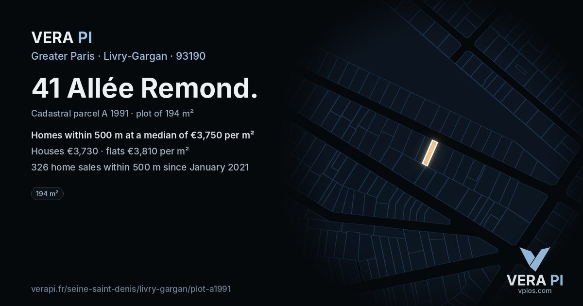 41 Allée Remond, Livry-Gargan at night – the plot lit, the parcels around coloured by the prices near them