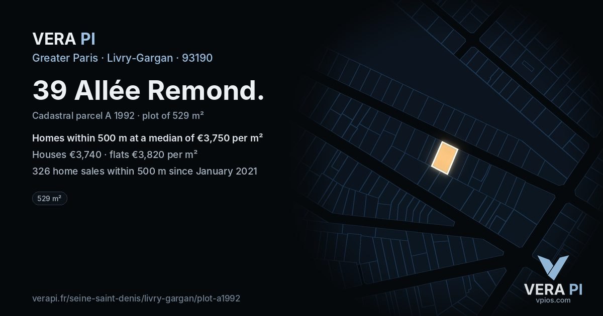 39 Allée Remond, Livry-Gargan at night – the plot lit, the parcels around coloured by the prices near them