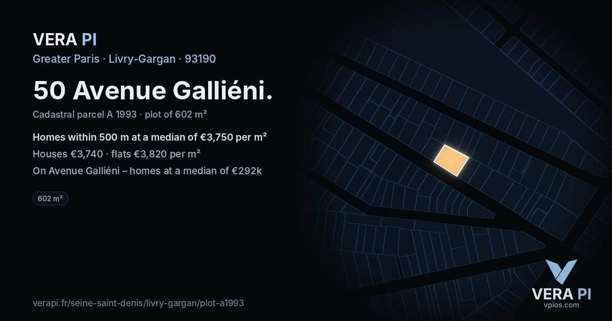 50 Avenue Galliéni, Livry-Gargan at night – the plot lit, the parcels around coloured by the prices near them