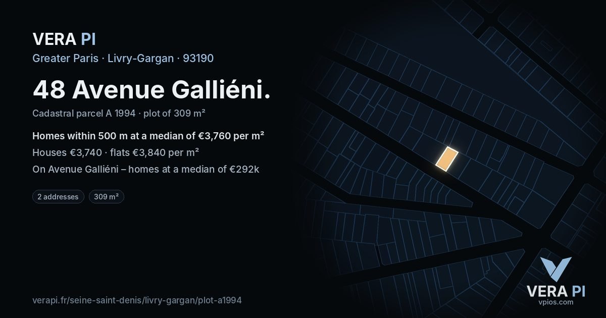 48 Avenue Galliéni, Livry-Gargan at night – the plot lit, the parcels around coloured by the prices near them