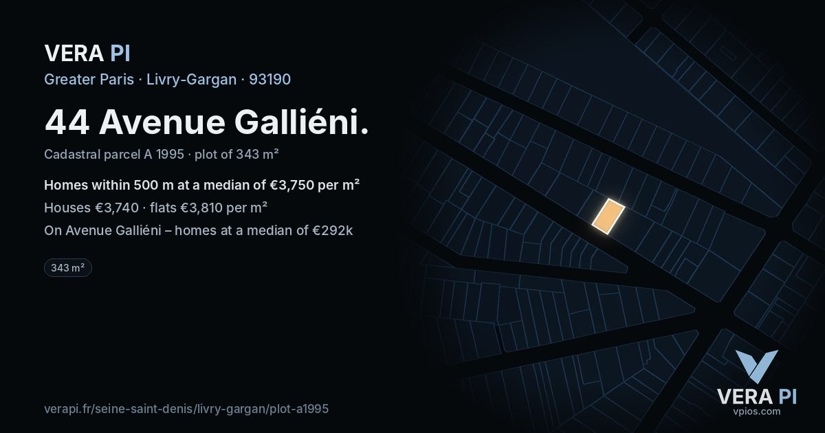 44 Avenue Galliéni, Livry-Gargan at night – the plot lit, the parcels around coloured by the prices near them