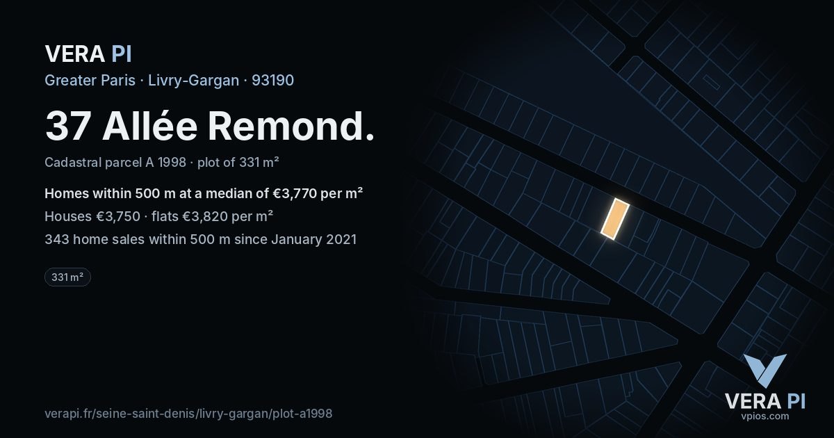 37 Allée Remond, Livry-Gargan at night – the plot lit, the parcels around coloured by the prices near them