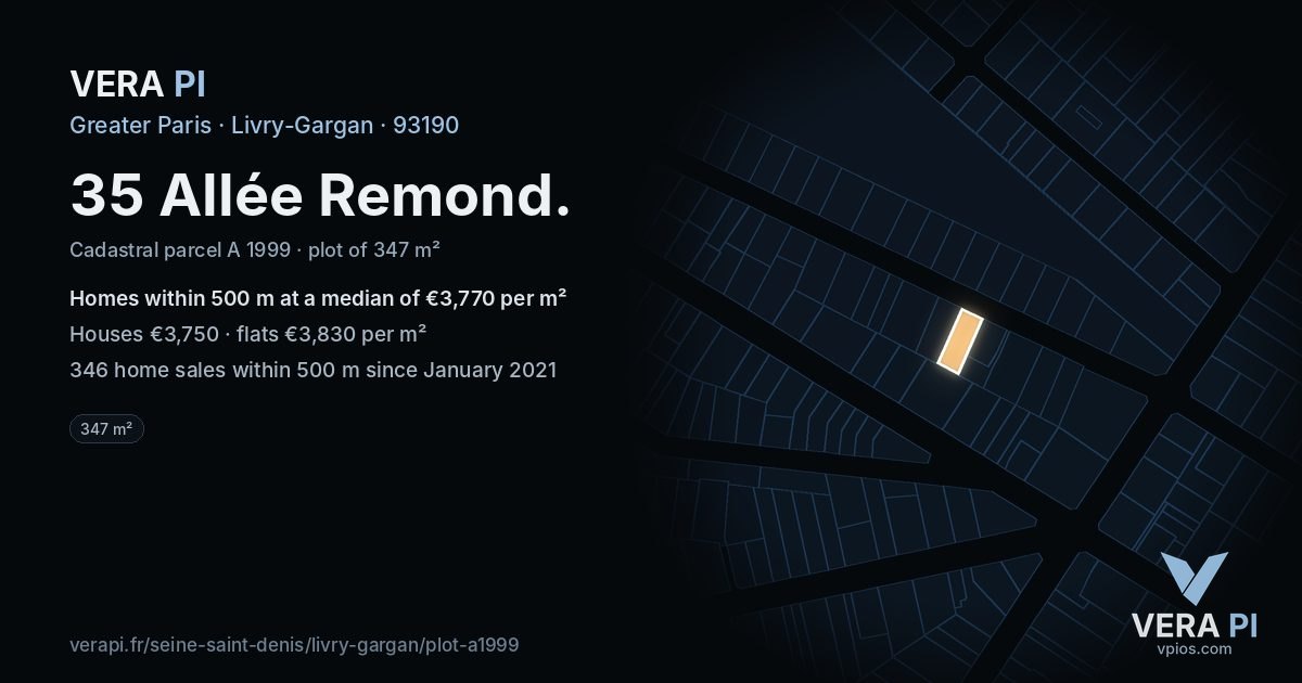 35 Allée Remond, Livry-Gargan at night – the plot lit, the parcels around coloured by the prices near them