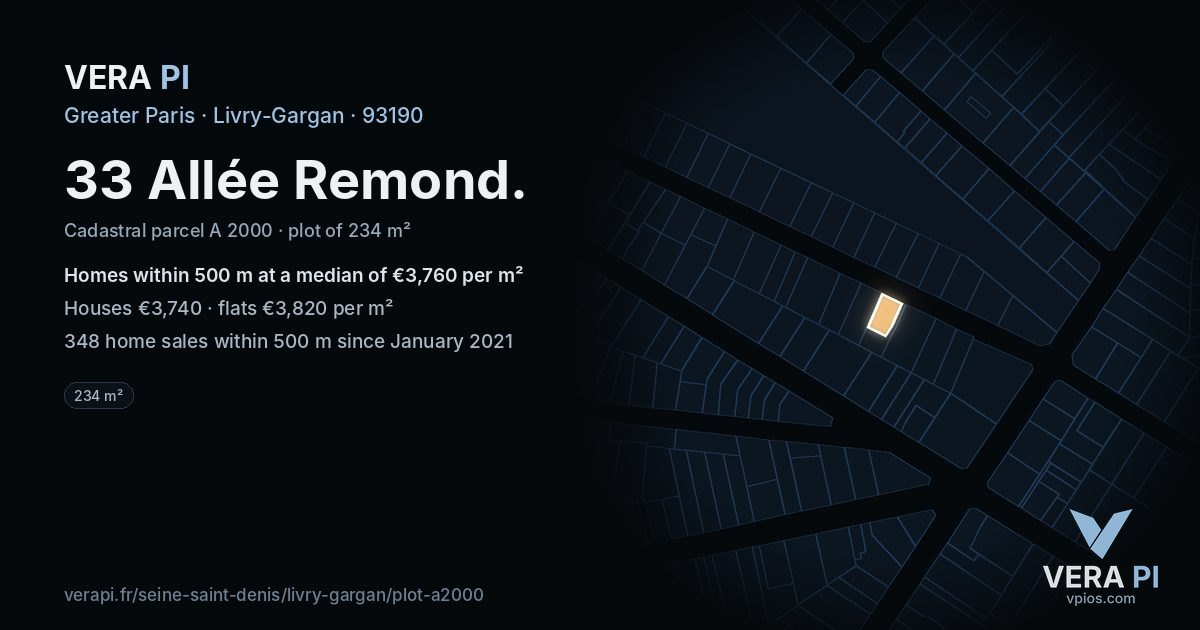 33 Allée Remond, Livry-Gargan at night – the plot lit, the parcels around coloured by the prices near them
