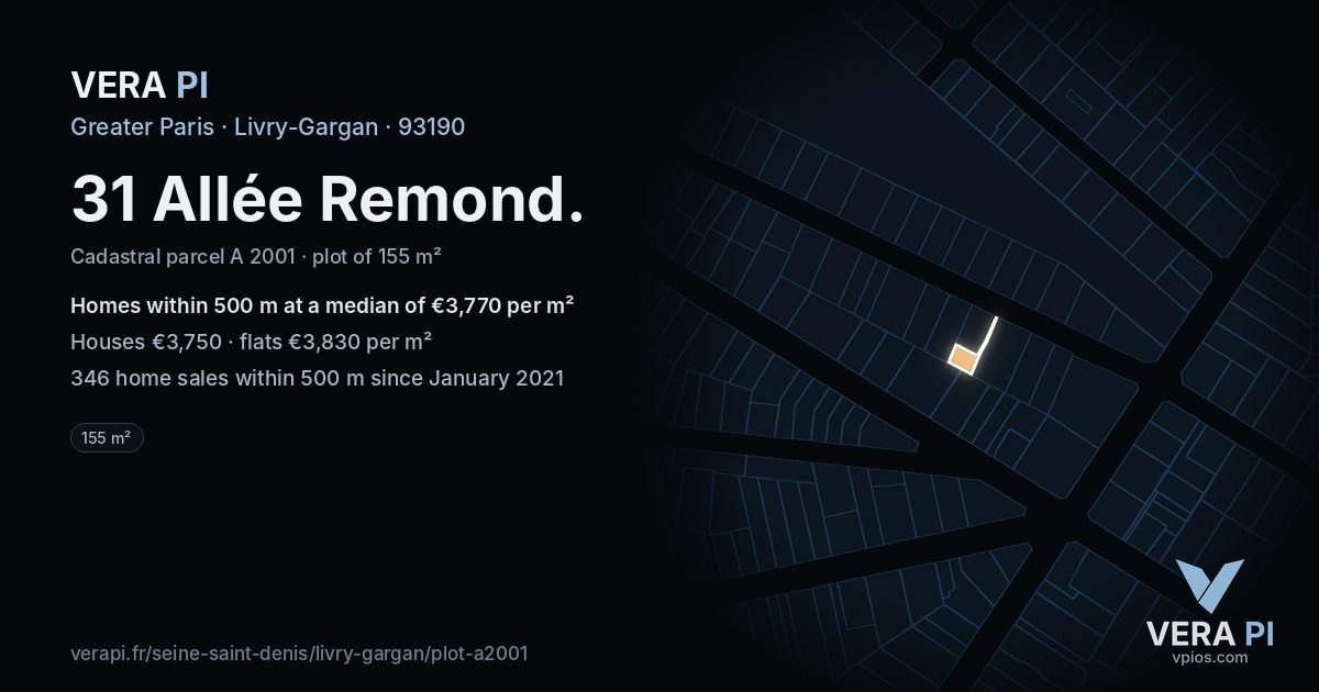 31 Allée Remond, Livry-Gargan at night – the plot lit, the parcels around coloured by the prices near them